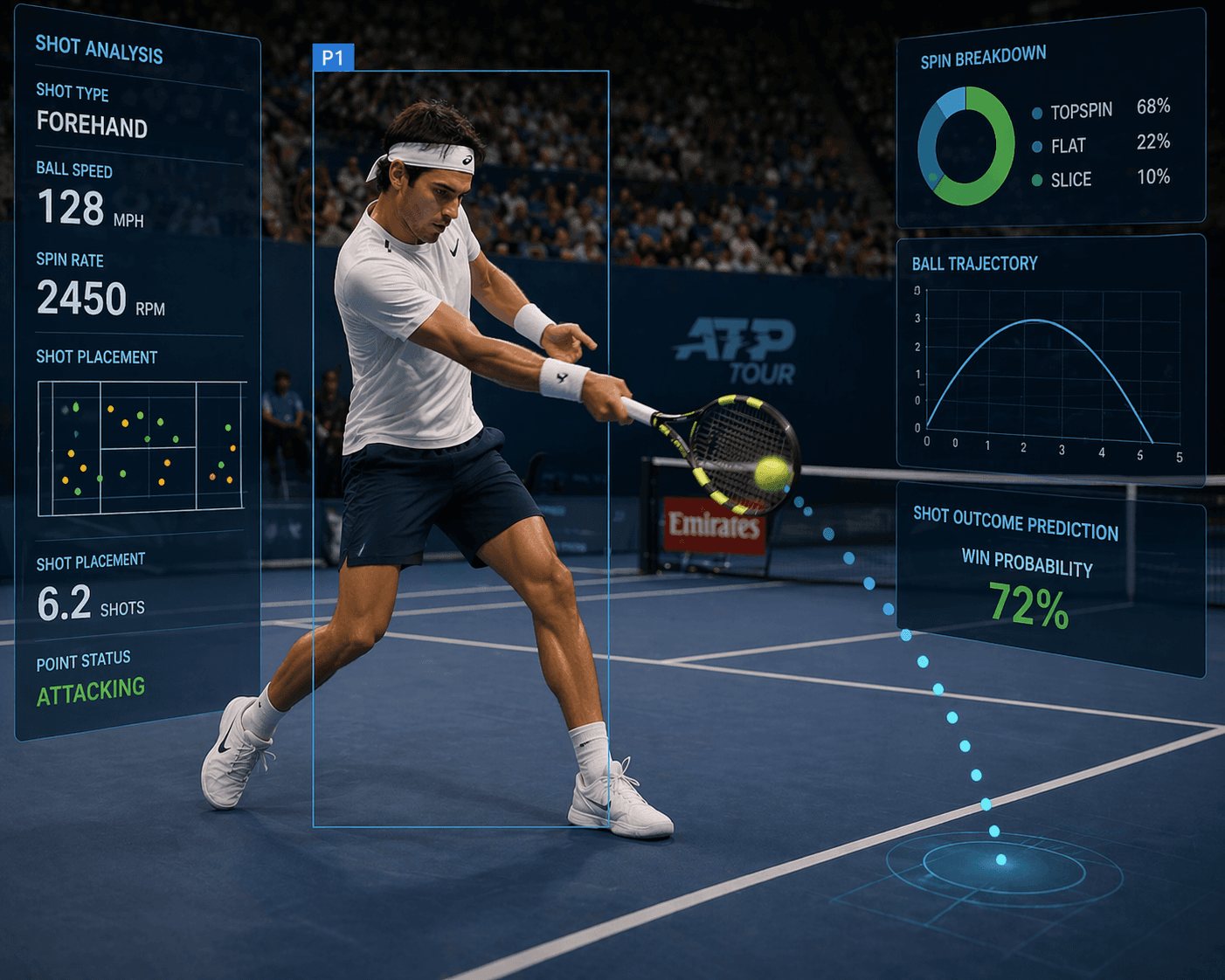 Match analysis overlay with shot metrics and trajectory