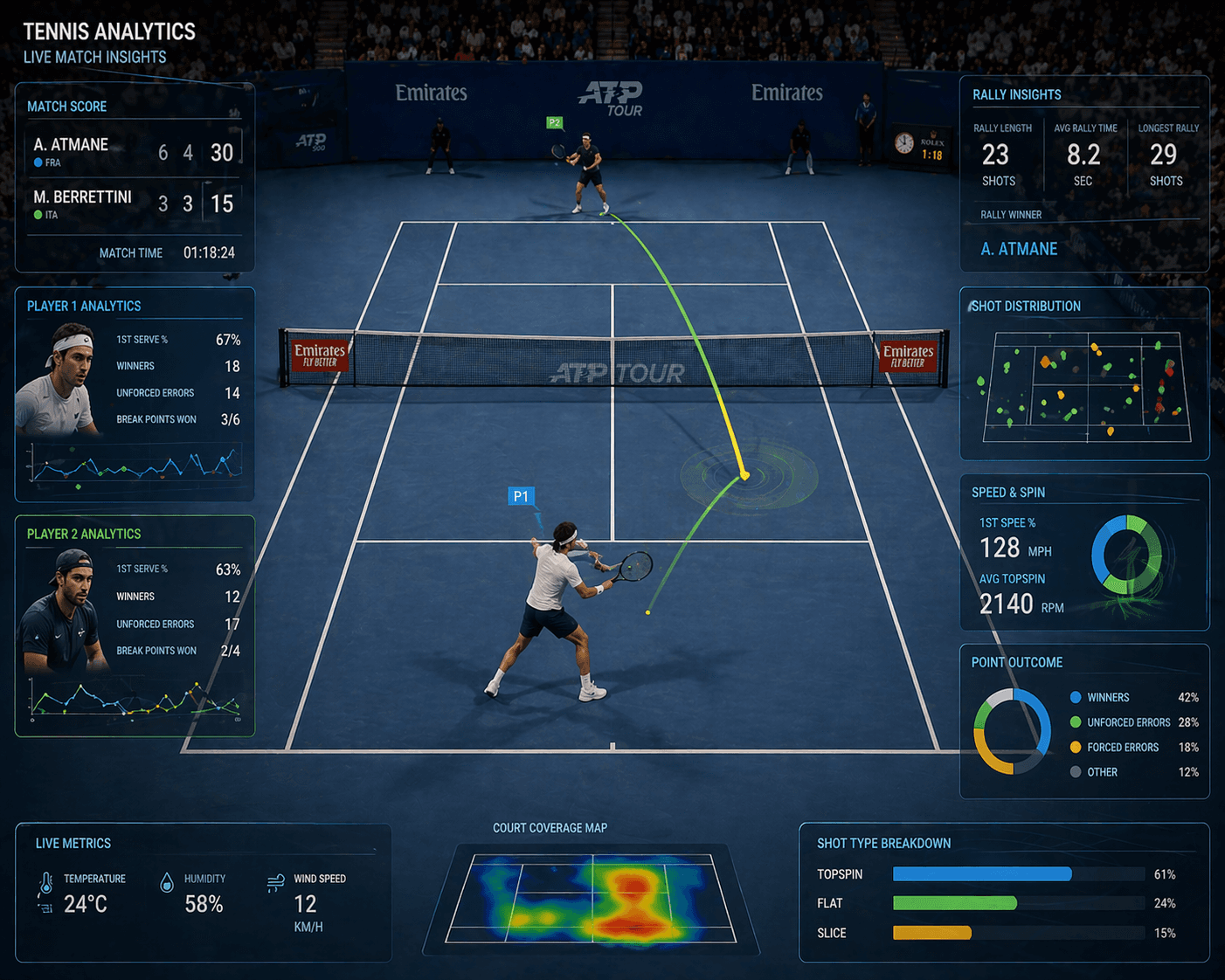 Live match insights dashboard with rally stats and court coverage
